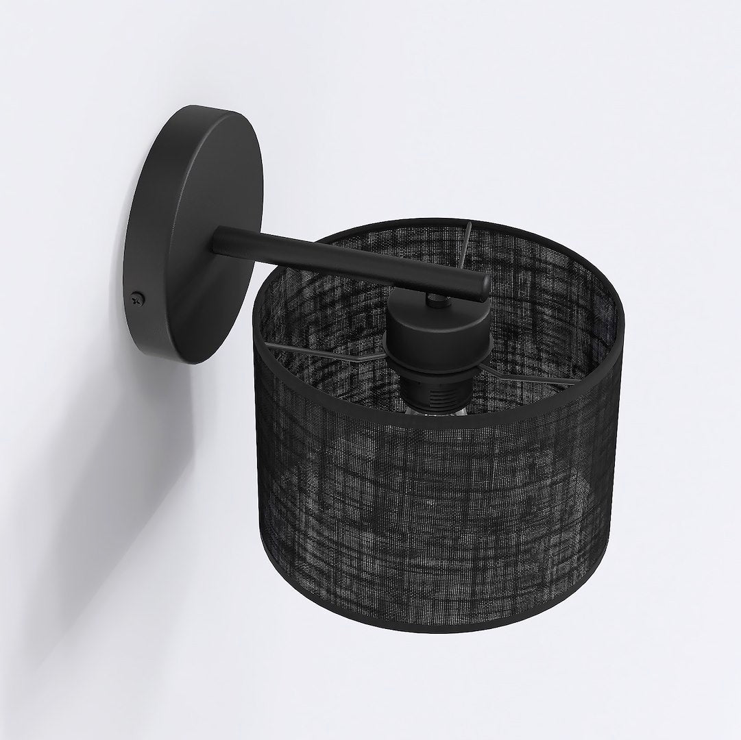 Wandlamp gepoedercoat staal met stoffen kap, minimalistisch, zwart, kap Ø 20 cm, E27, voor gang en slaapkamer