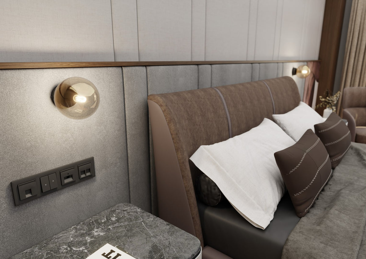 Wandlamp staal en glas modern Rossi zwart met amberkleurige glazen kap Ø 14 cm, voor woonkamer en slaapkamer