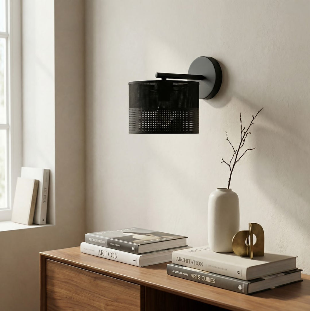 Wandlamp zwart gepoedercoat staal met stoffen kap, minimalistisch Karbon, kap Ø 20 cm, E27 fitting