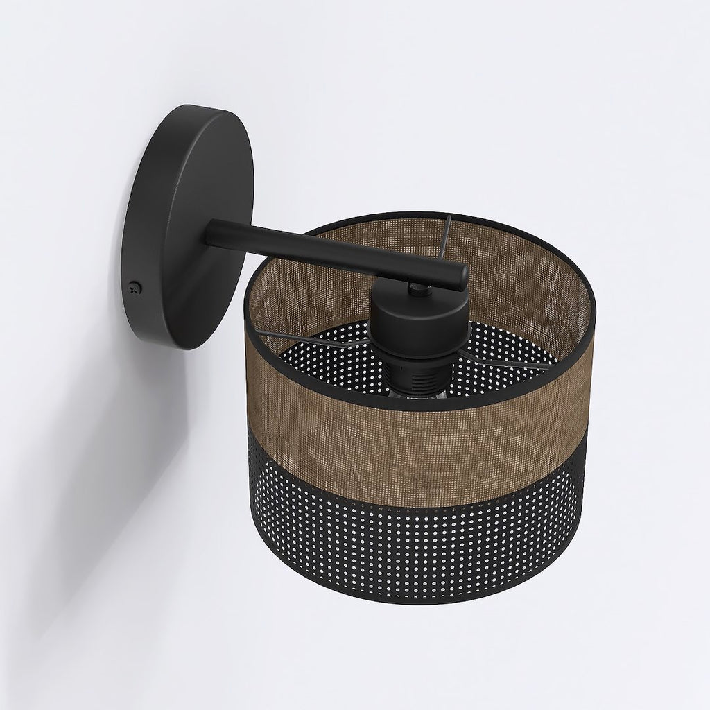 Wandlamp gepoedercoat staal minimalistisch Karbon zwart met bruine stoffen kap Ø 20 cm, 1 fitting E27