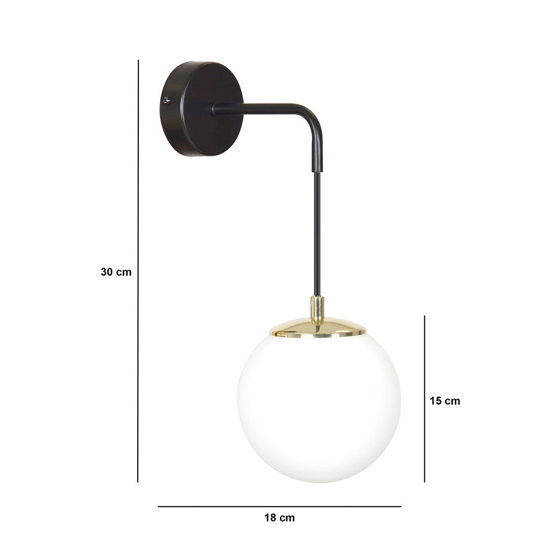 Wandlamp gepoedercoat staal en glas Ognis, zwart met witte glazen kap Ø 15 cm, E27, voor hal, slaapkamer en woonkamer