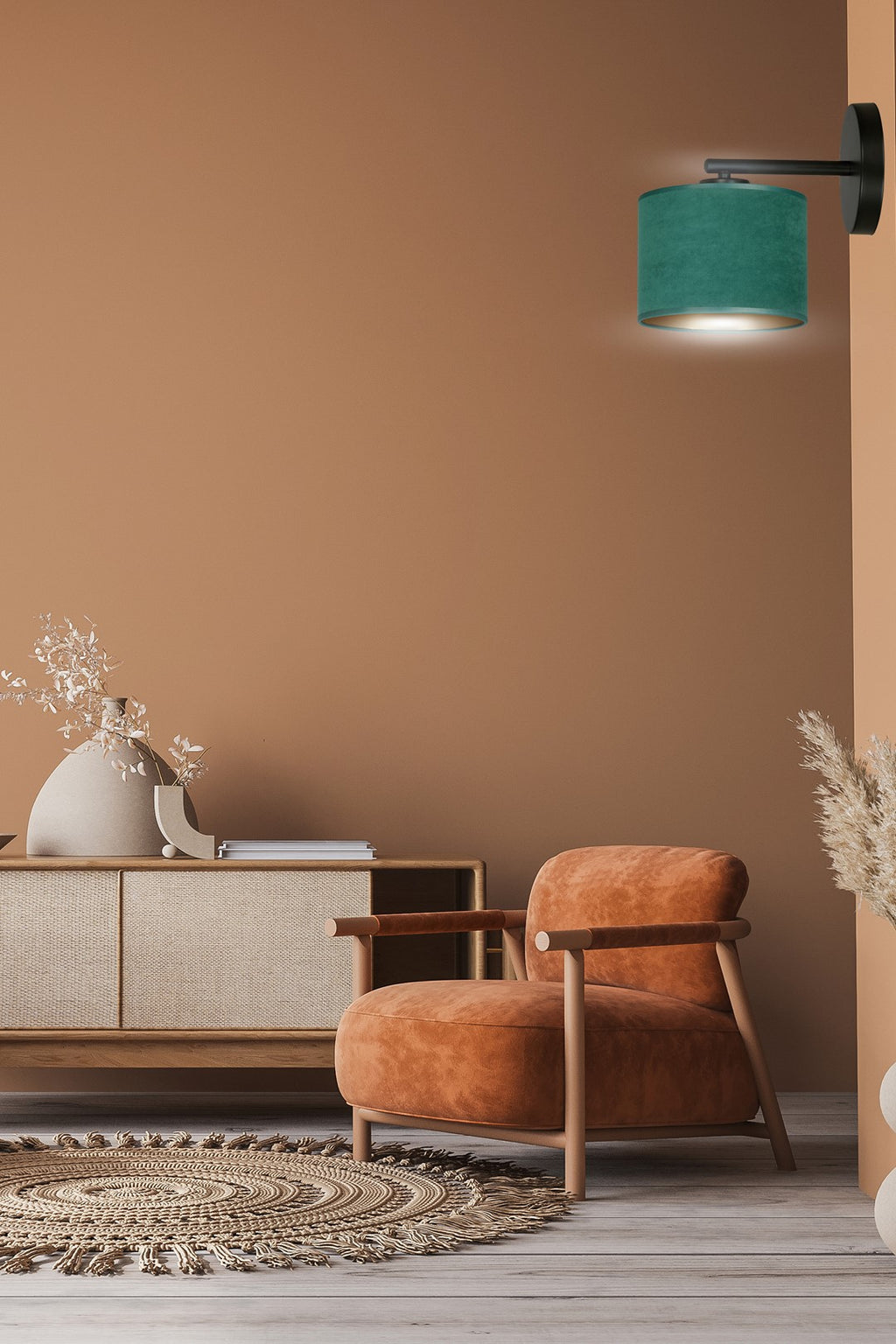 Wandlamp gepoedercoat staal en stof Hilde, groen lampenkap, zwart armatuur, Ø 20 cm, E27 – woonkamer en slaapkamer