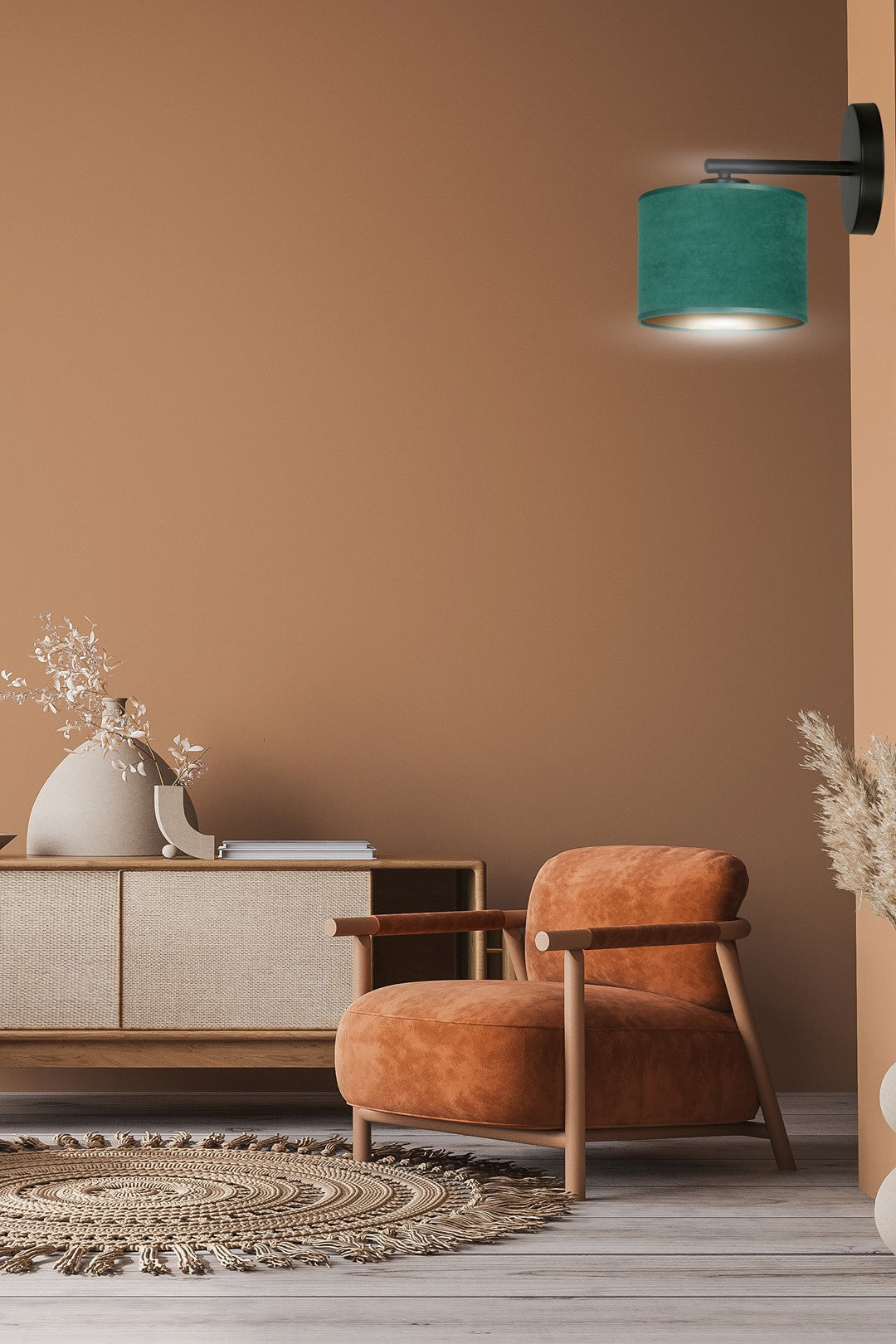 Wandlamp gepoedercoat staal en stof Hilde, groen lampenkap, zwart armatuur, Ø 20 cm, E27 – woonkamer en slaapkamer