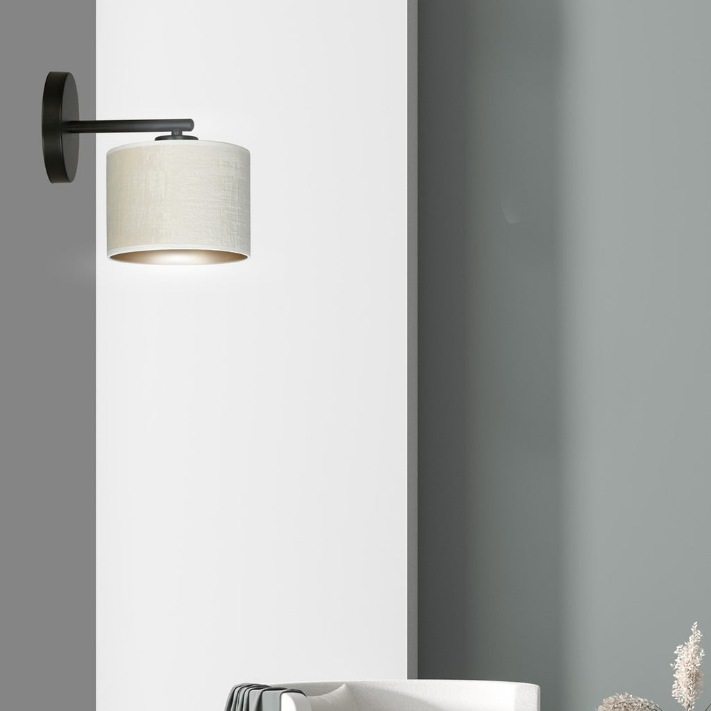 Wandlamp gepoedercoat staal en stof Hilde, zwart met witte kap Ø 20 cm, E27, voor woonkamer en slaapkamer