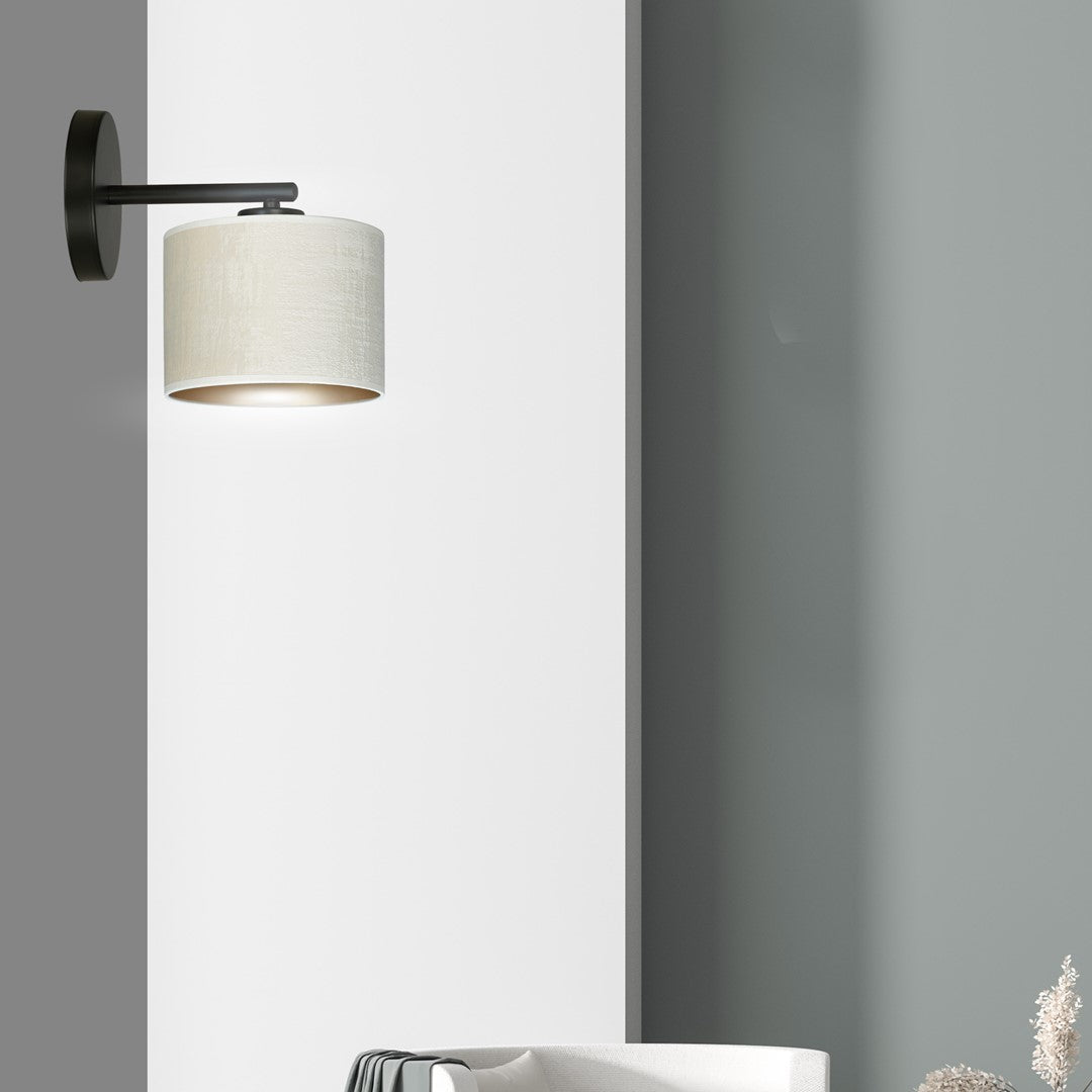 Wandlamp gepoedercoat staal en stof Hilde, zwart met witte kap Ø 20 cm, E27, voor woonkamer en slaapkamer