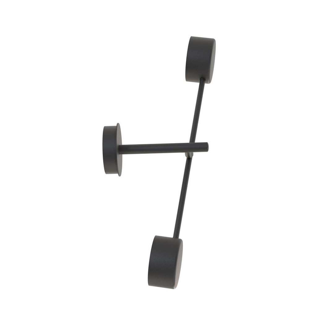Zwarte wandlamp met ronde wandplaat en twee cilindervormige lichtpunten aan een dunne arm, zijaanzicht