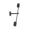 Zwarte wandlamp met ronde wandplaat en twee cilindervormige lichtpunten aan een dunne arm, zijaanzicht