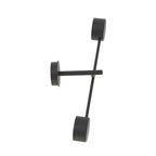 Zwarte wandlamp met ronde wandplaat en twee cilindervormige lichtpunten aan een dunne arm, zijaanzicht