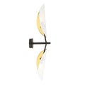 Wandlamp met zwart armatuur en twee bladvormige kappen in wit met goud aan de binnenkant