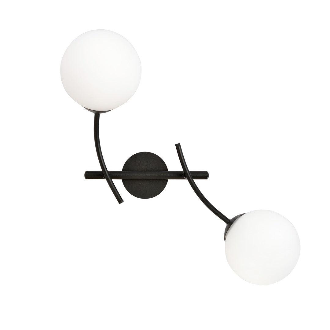 Wandlamp gepoedercoat staal en glas Hunter K2, zwart met witte opaalglazen kappen, 35 x 38 cm, 2 lichtpunten