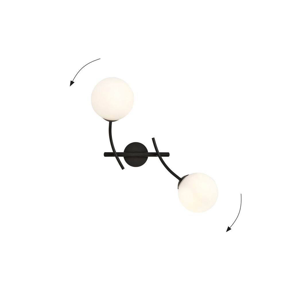 Wandlamp gepoedercoat staal en glas Hunter K2, zwart met witte opaalglazen kappen, 35 x 38 cm, 2 lichtpunten