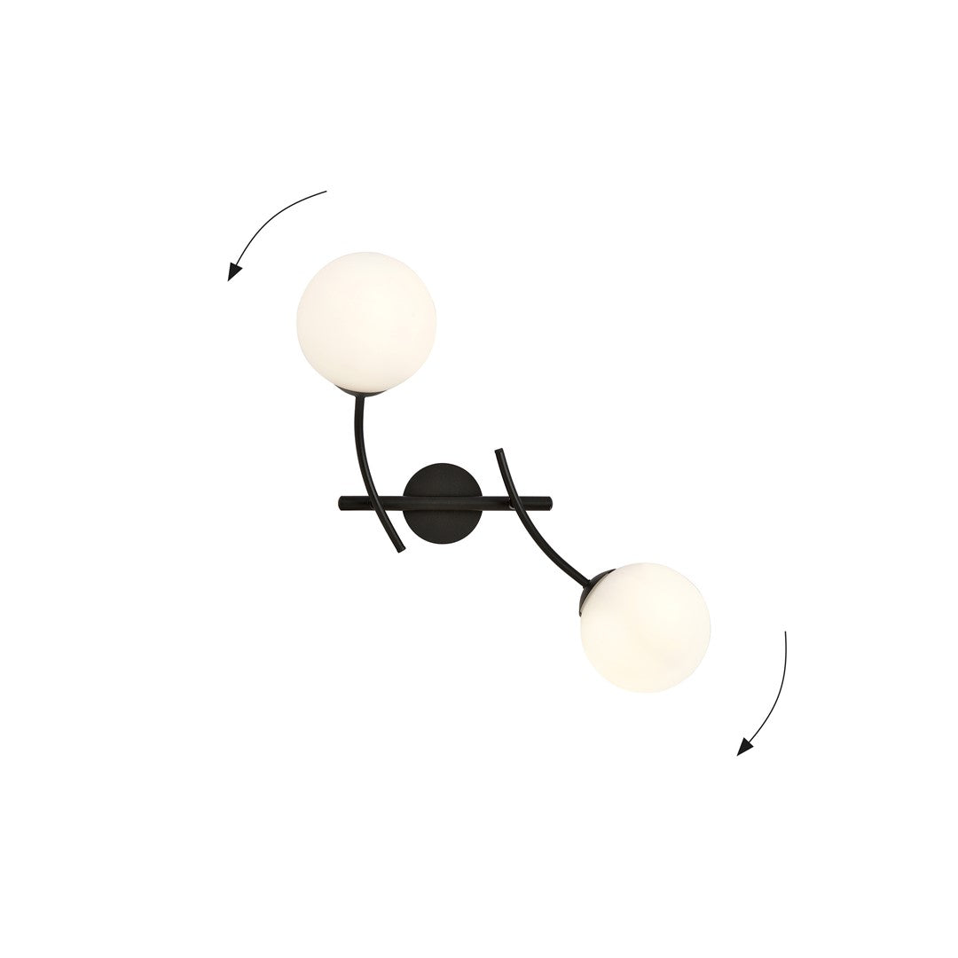 Wandlamp gepoedercoat staal en glas Hunter K2, zwart met witte opaalglazen kappen, 35 x 38 cm, 2 lichtpunten