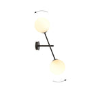 Wandlamp Linear gepoedercoat staal en glas, modern, zwart met witte glazen kappen Ø 15 cm, 2 lichtpunten