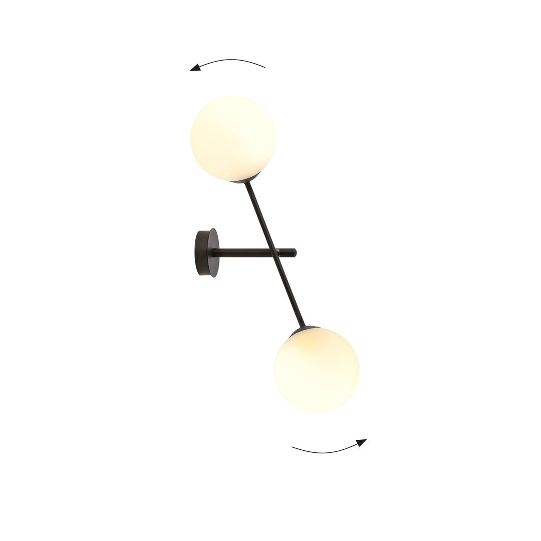Wandlamp Linear gepoedercoat staal en glas, modern, zwart met witte glazen kappen Ø 15 cm, 2 lichtpunten