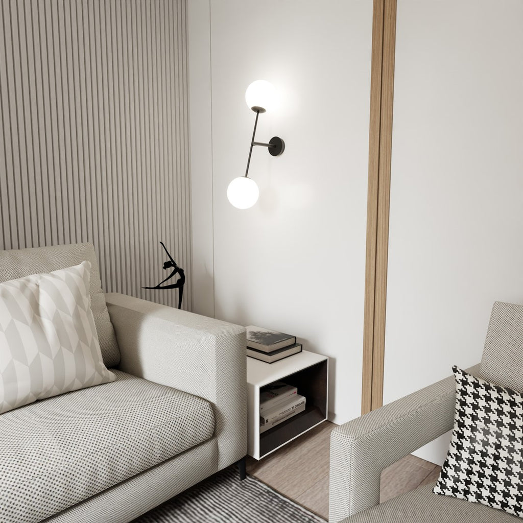 Wandlamp Linear gepoedercoat staal en glas, modern, zwart met witte glazen kappen Ø 15 cm, 2 lichtpunten
