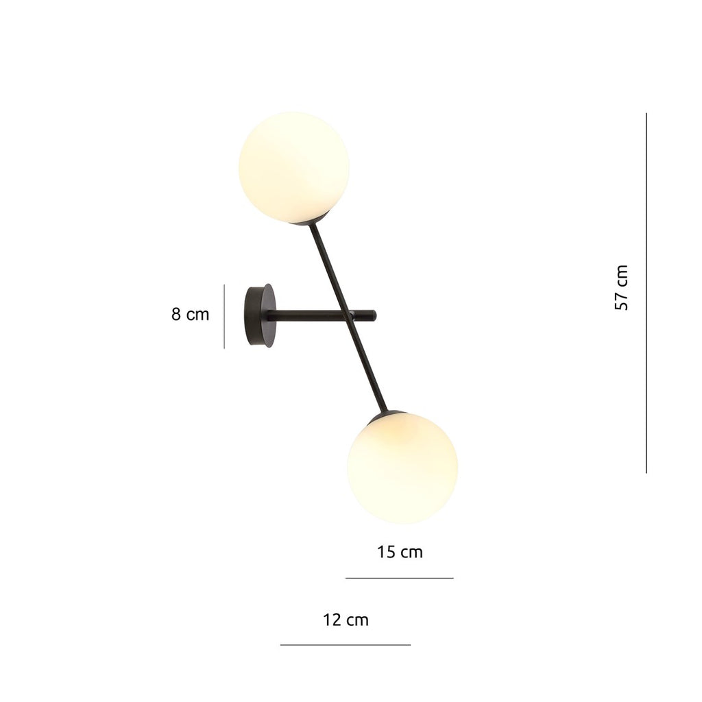 Wandlamp Linear gepoedercoat staal en glas, modern, zwart met witte glazen kappen Ø 15 cm, 2 lichtpunten