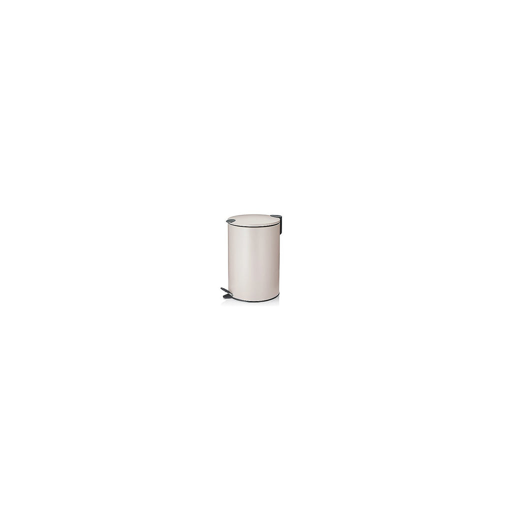 Beige ronde metalen pedaalemmer met deksel en voetpedaal aan de voorkant