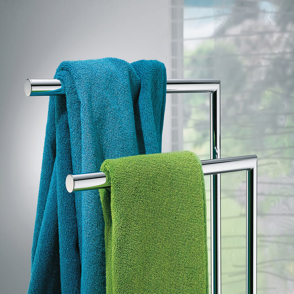 Handdoekrek vloermodel verchroomd metaal Style hoogglans zilver, met twee beugels, 81 cm hoog voor de badkamer