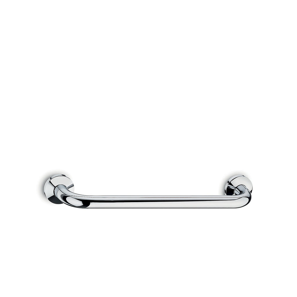 Zilverkleurige handgreep van messing met twee ronde wandplaten op een witte achtergrond