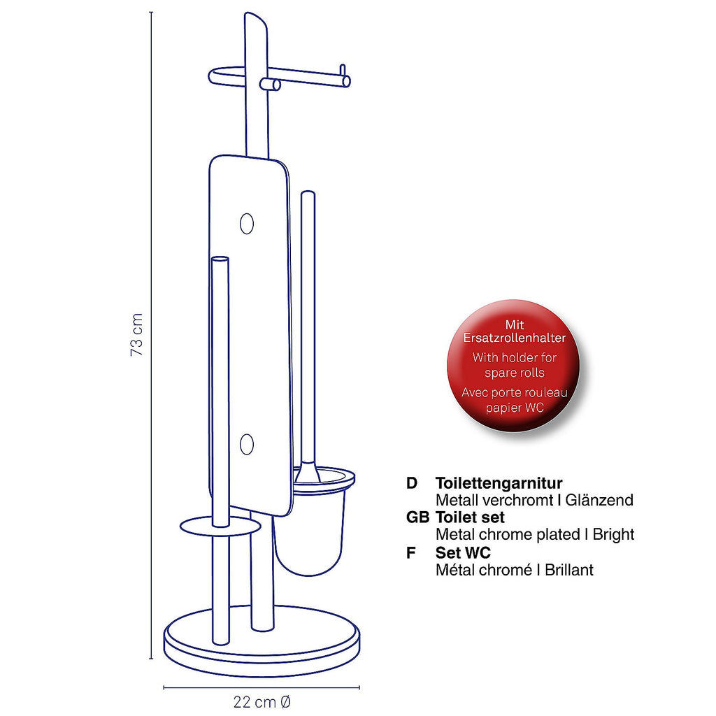 Toiletset verchroomd metaal Ken, toiletborstel en toiletrolhouder staand, zilver – 73 cm hoog