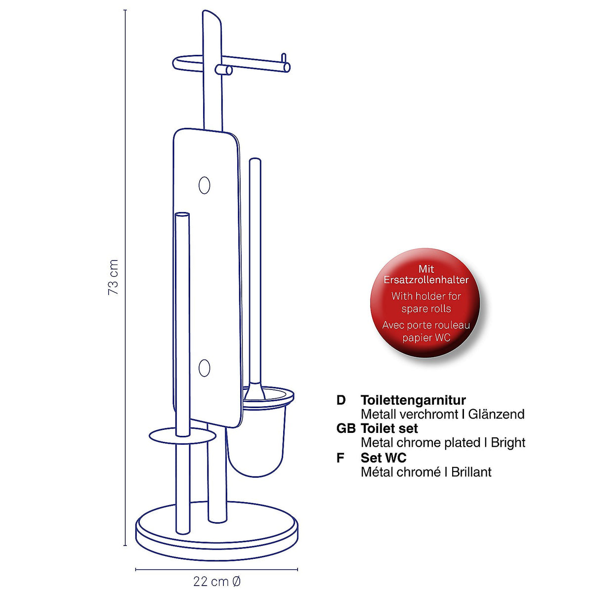 Toiletset verchroomd metaal Ken, toiletborstel en toiletrolhouder staand, zilver – 73 cm hoog