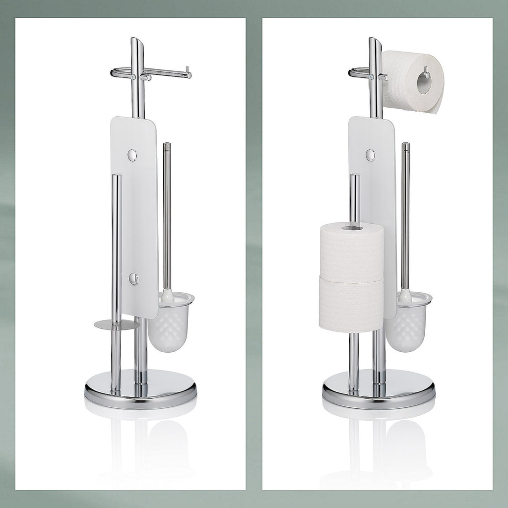 Toiletset verchroomd metaal Ken, toiletborstel en toiletrolhouder staand, zilver – 73 cm hoog