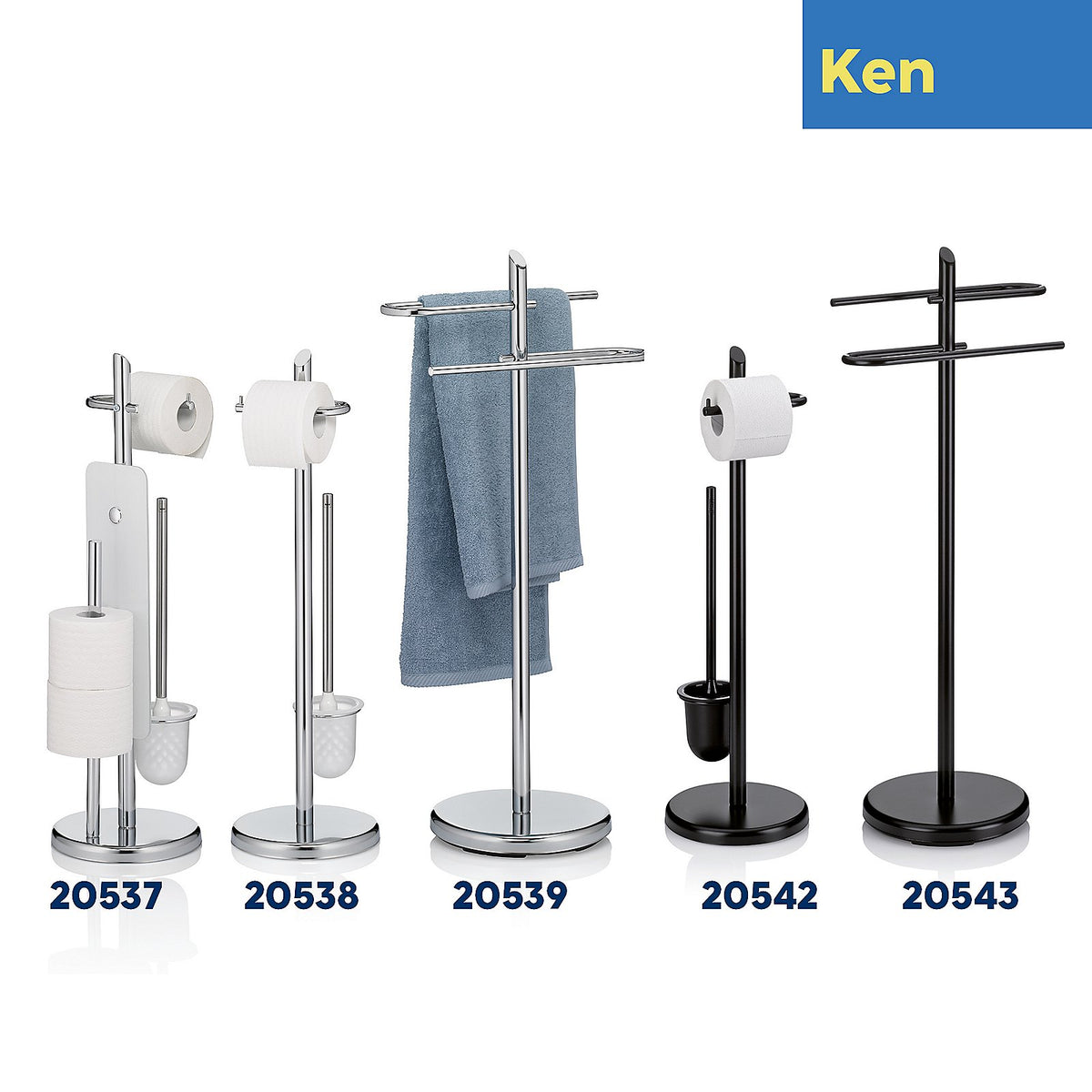 Toiletset verchroomd metaal Ken, toiletborstel en toiletrolhouder staand, zilver – 73 cm hoog