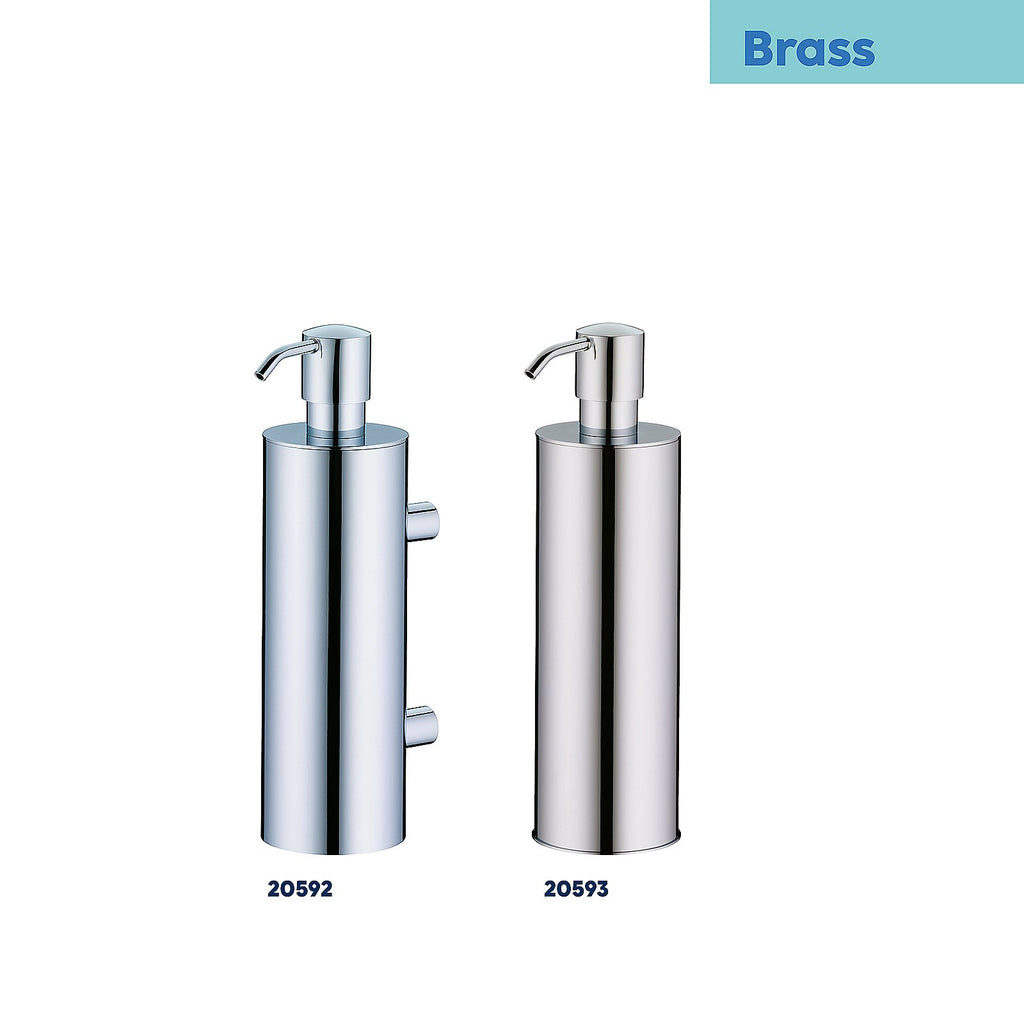 Zeepdispenser messing wandmodel zilverkleurig 400 ml, hoogte 24 cm, voor de badkamer