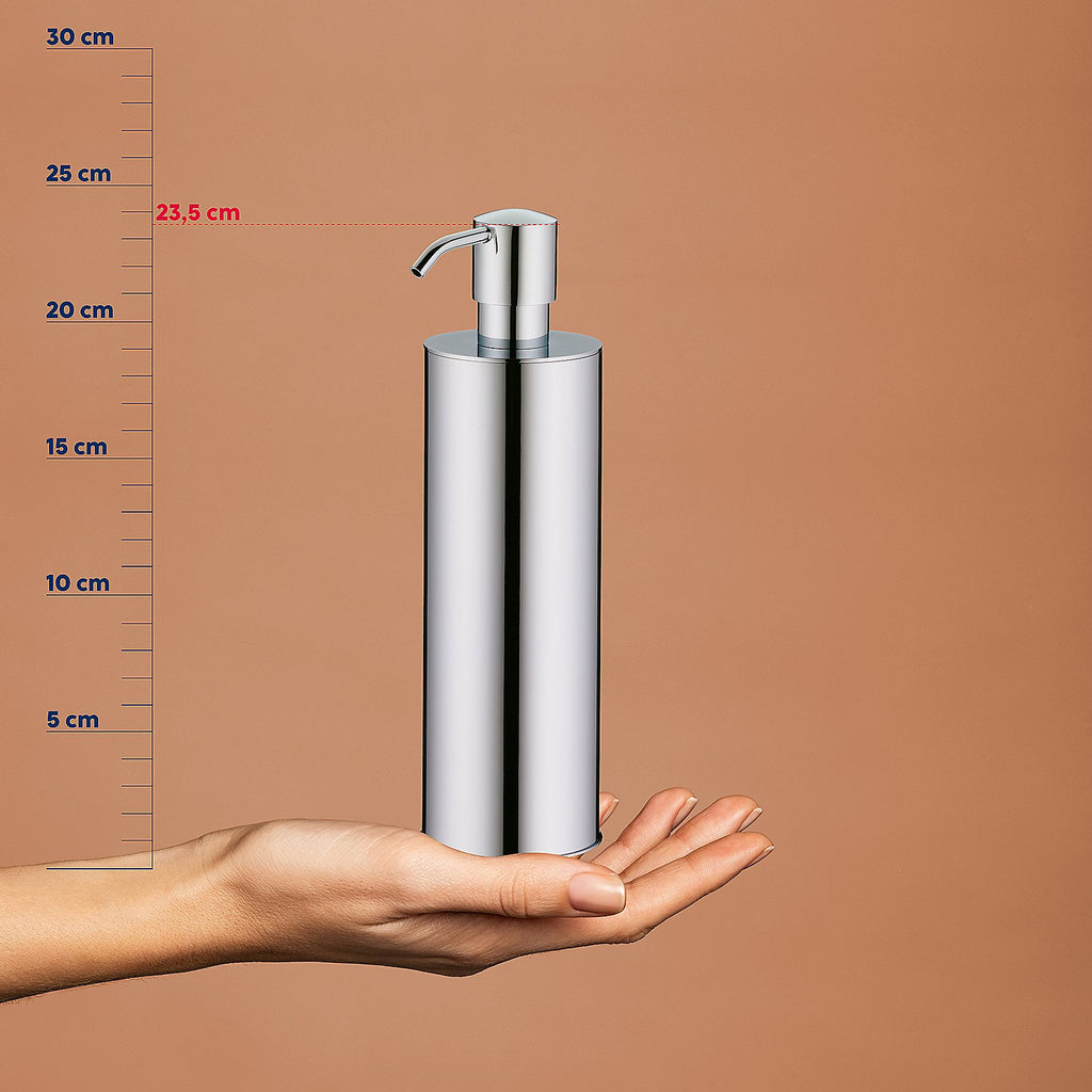 Zeepdispenser massief messing zilverkleurig, 400 ml, hoogte 23,5 cm, met pomp voor badkamer en keuken