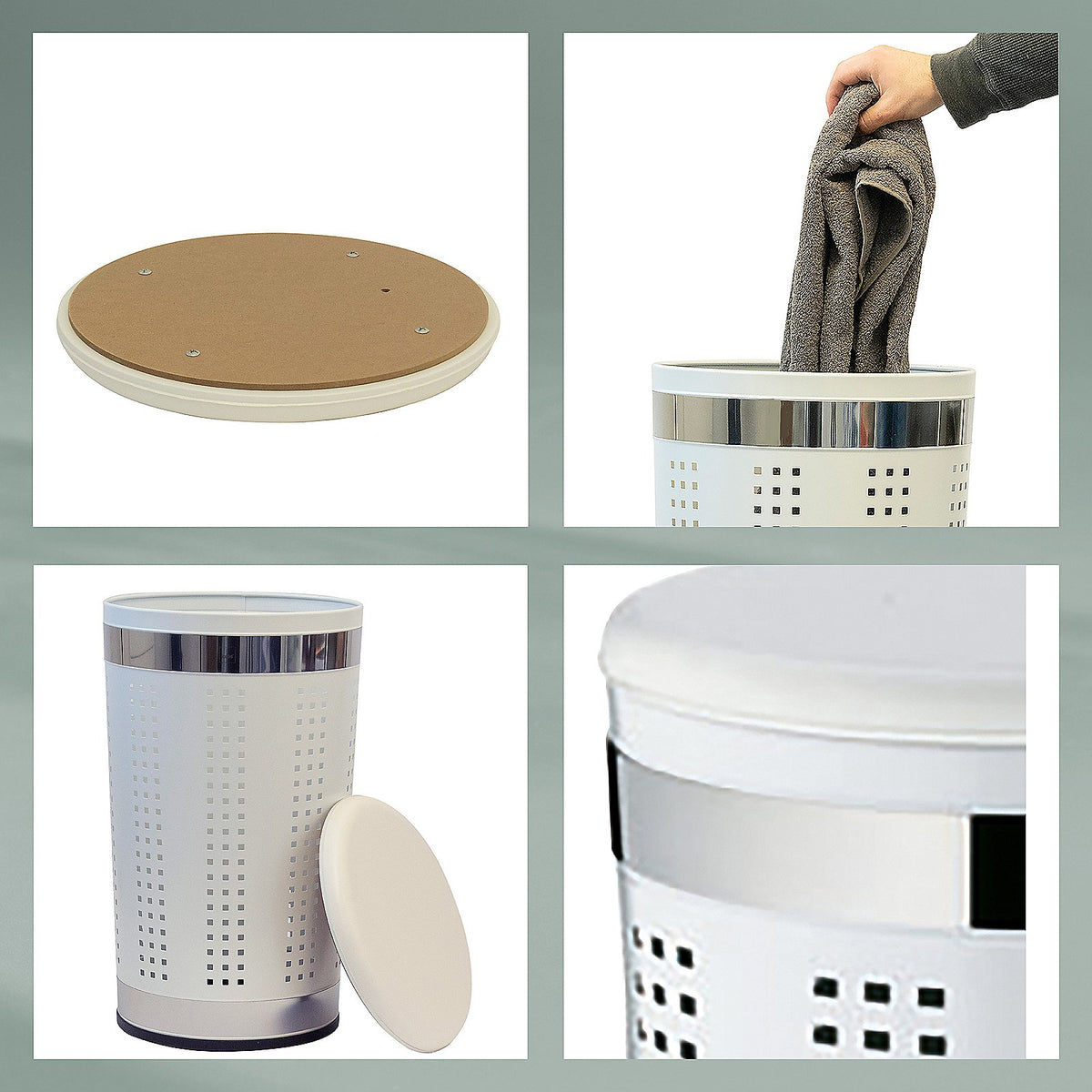 Wasmand met zitdeksel wit gecoat metaal Sevilla, Ø 35 cm hoog 60,5 cm, voor badkamer