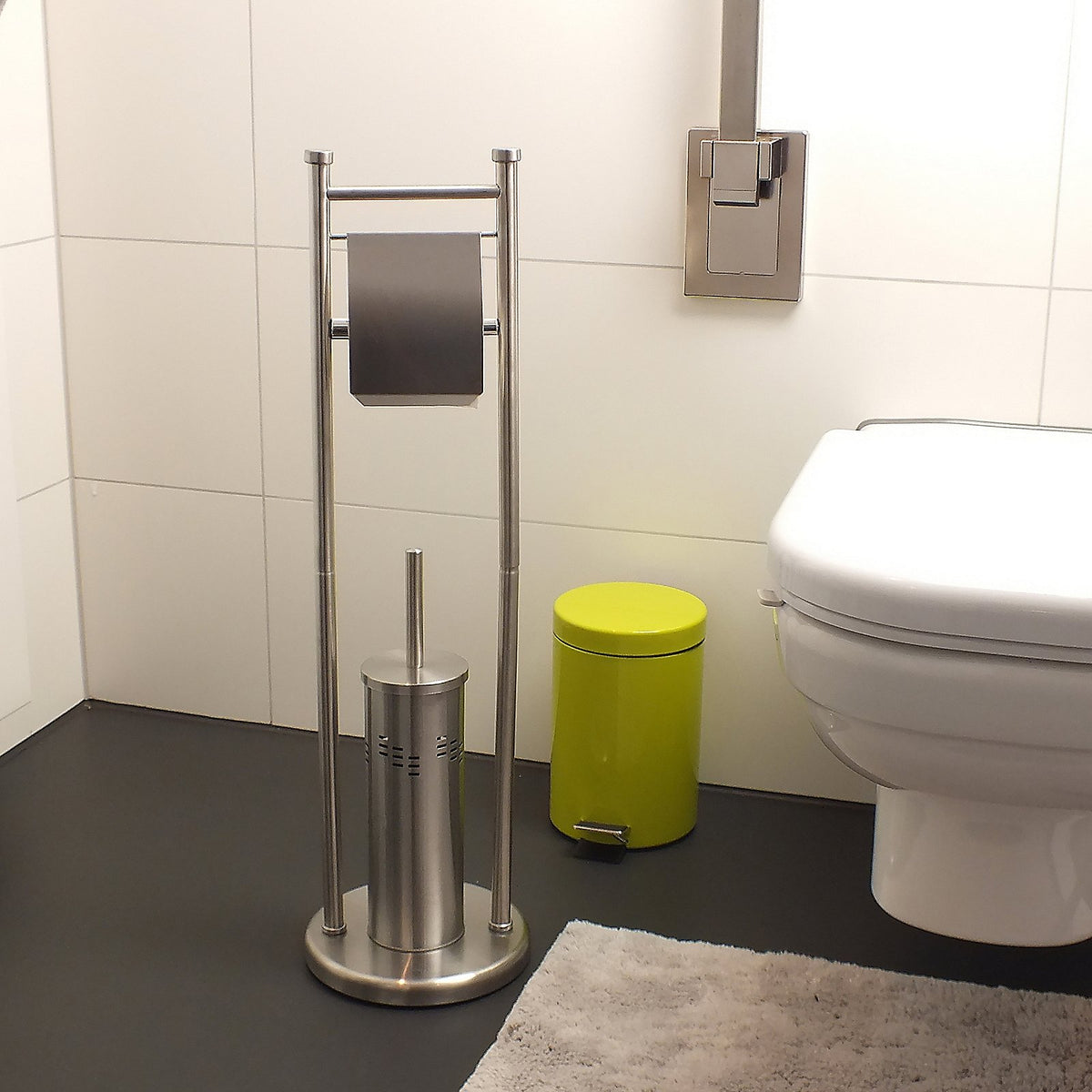 Toiletset staand roestvrijstaal geborsteld zilverkleurig, Swing, Ø 22 cm hoogte 77,5 cm, toiletborstel en rolhouder