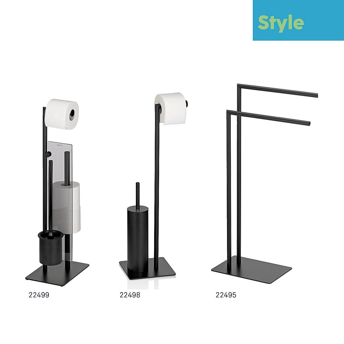 Toiletgarnituur staand metaal Style zwart mat 20 x 20 x 71 cm, toiletborstel met toiletrolhouder