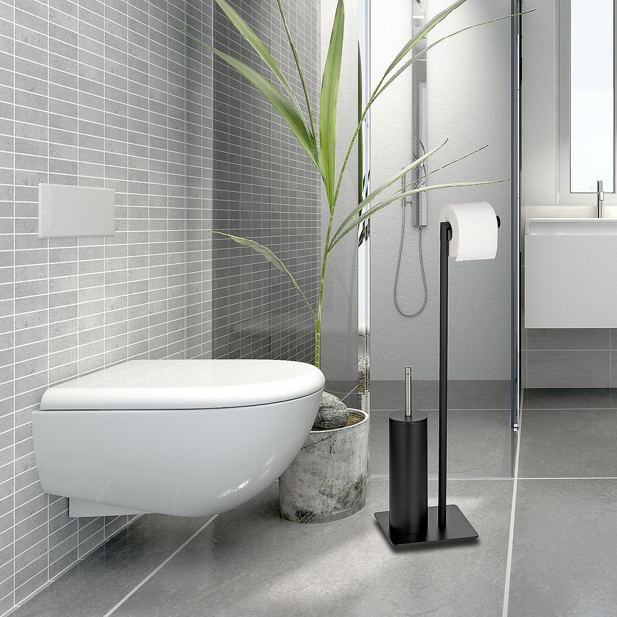 Toiletgarnituur staand metaal Style zwart mat 20 x 20 x 71 cm, toiletborstel met toiletrolhouder
