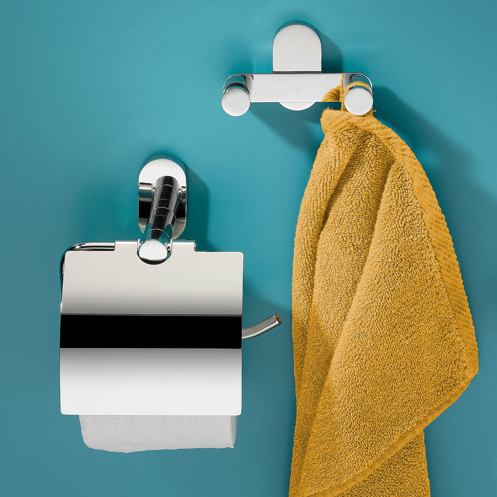 Handdoekrek dubbel roestvrij staal Lucido zilver 43 cm, verstelbare armen, zonder boren te monteren voor badkamer