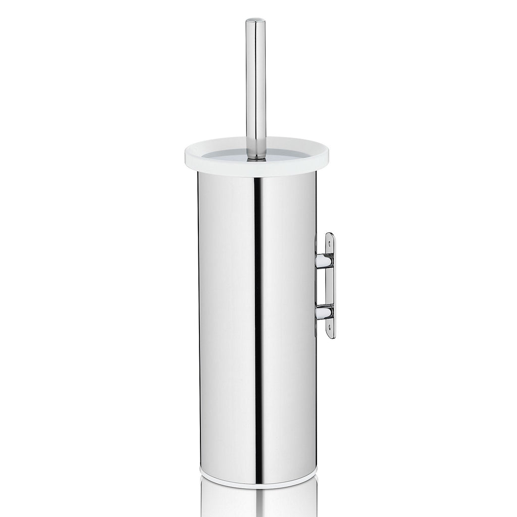 Hoge toiletborstelhouder van glanzend RVS met witte rand, wandbevestiging en toiletborstel met steel