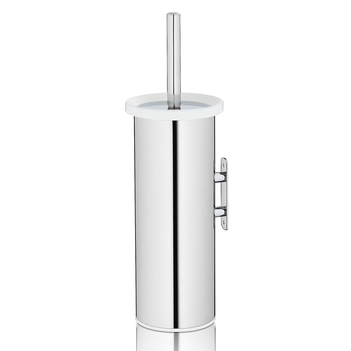 Hoge toiletborstelhouder van glanzend RVS met witte rand, wandbevestiging en toiletborstel met steel