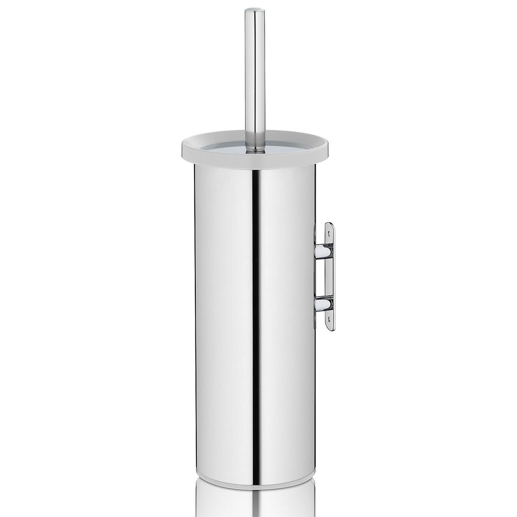 Hoge glanzende RVS toiletborstelhouder met wandbevestiging en toiletborstel met lichtgrijze rand