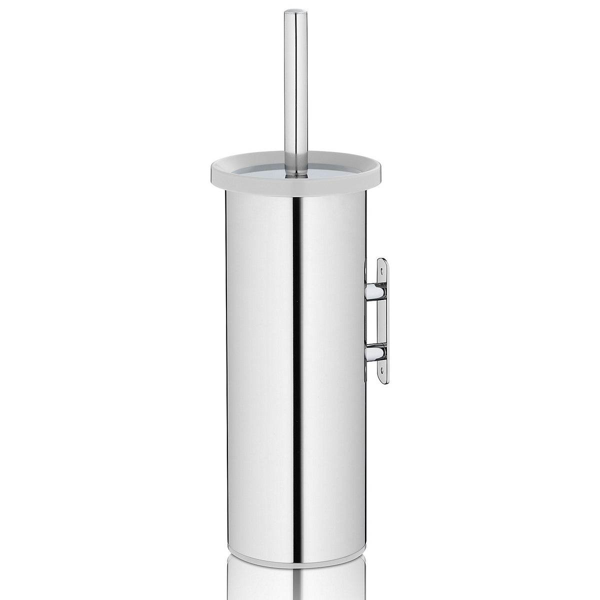 Hoge glanzende RVS toiletborstelhouder met wandbevestiging en toiletborstel met lichtgrijze rand