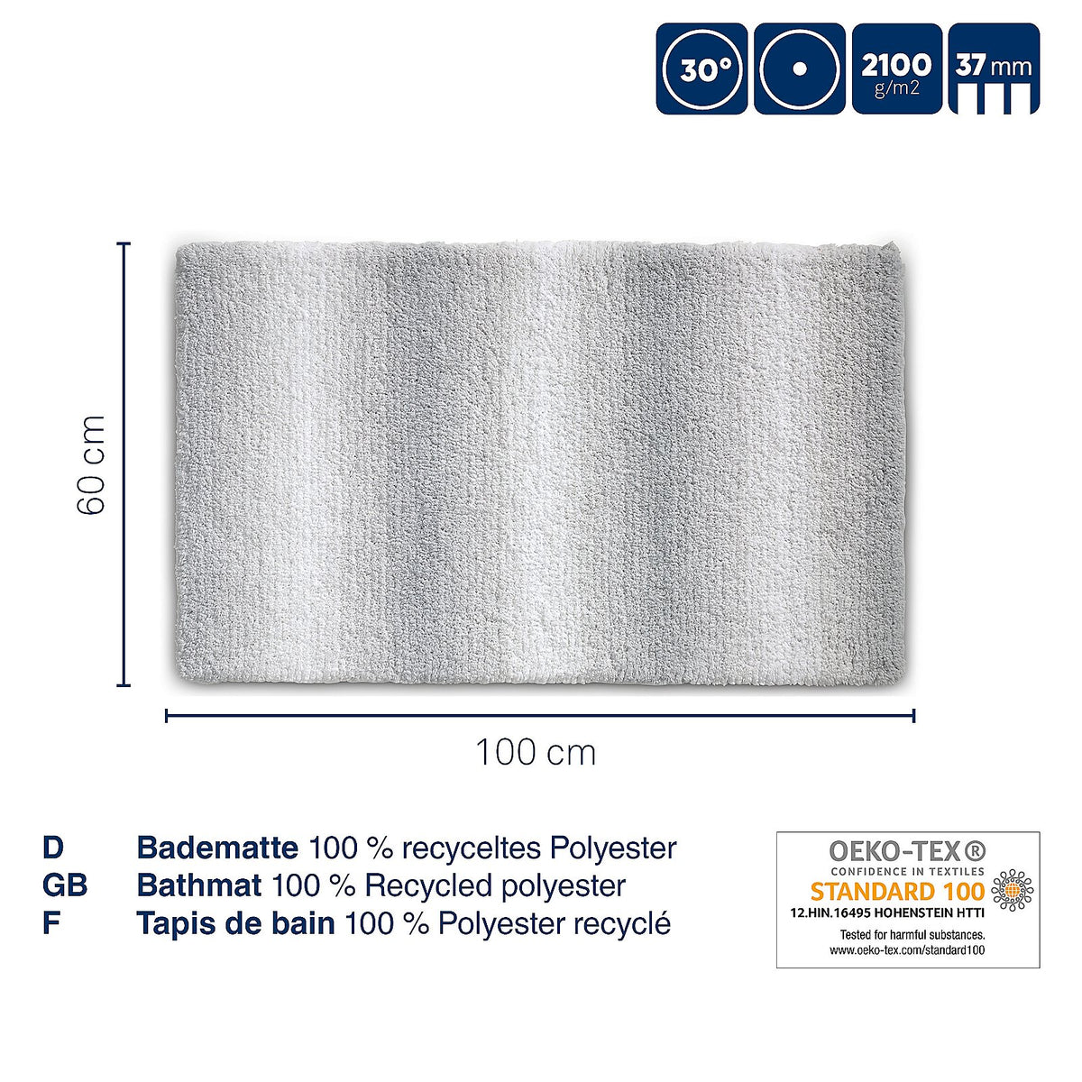 Badmat gerecycled polyester ombre oud roze 100 x 60 cm, antislip en hoogpolig voor de badkamer