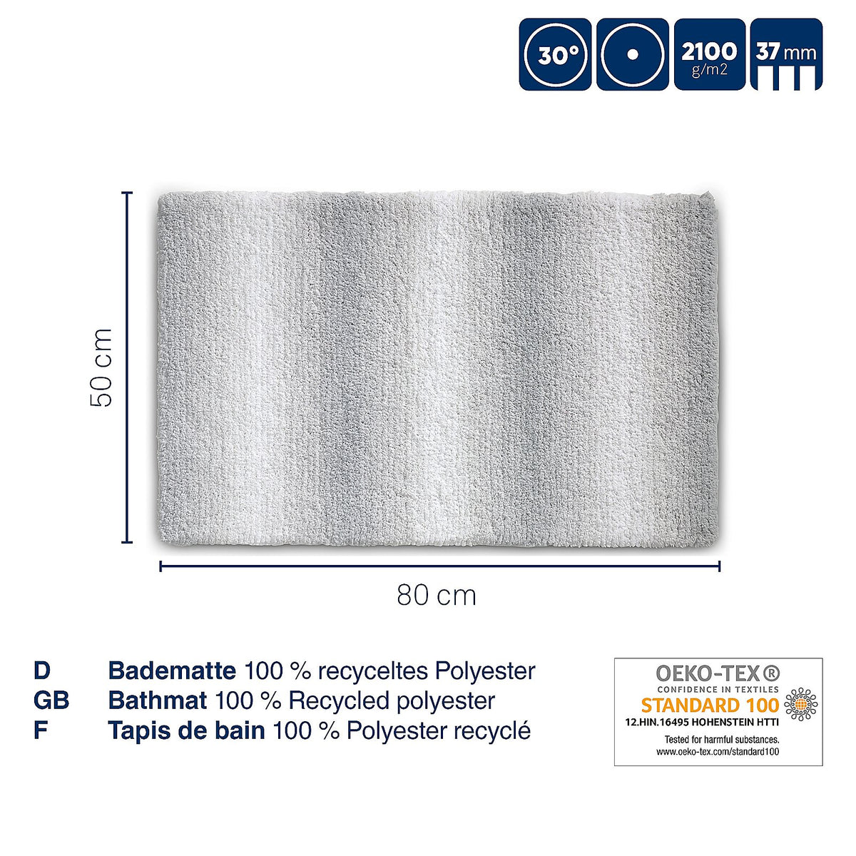 Badmat gerecycled polyester Ombre rotsgrijs 80 x 50 cm, hoogpolig en antislip voor de badkamer