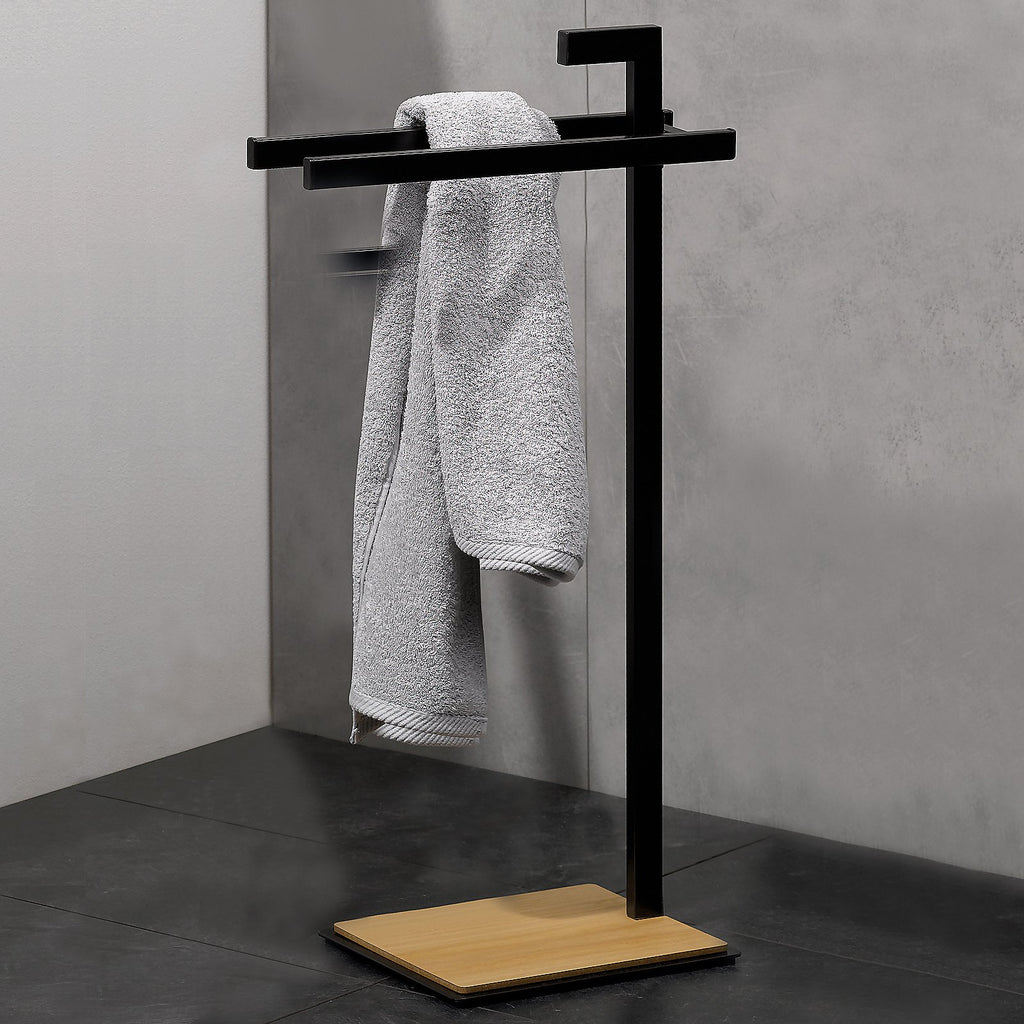 Handdoekrek vrijstaand zwart metaal met eiken bodemplaat, twee vaste handdoekrails, hoogte 82,5 cm voor badkamer