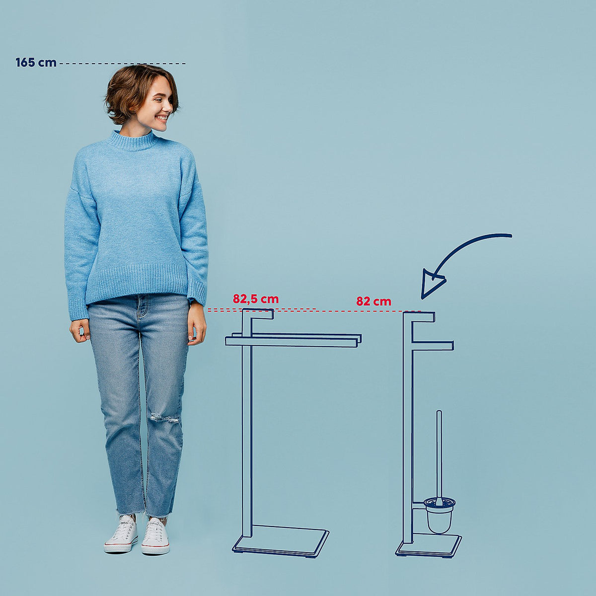 Handdoekrek vrijstaand zwart metaal met eiken bodemplaat, twee vaste handdoekrails, hoogte 82,5 cm voor badkamer