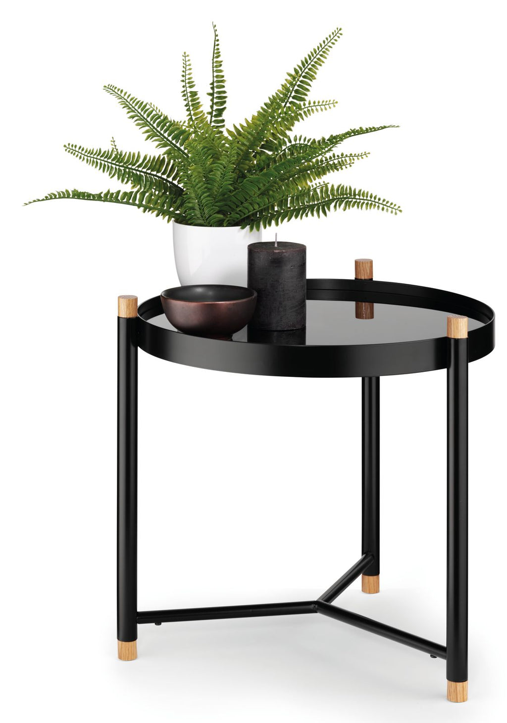 Bijzettafel metaal Oak zwart met eiken accenten, blad van veiligheidsglas, driepoots onderstel, woonkamer