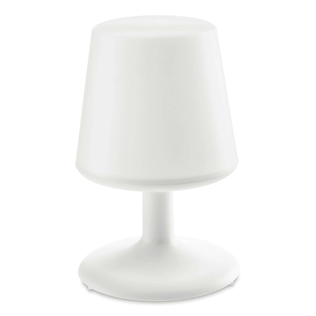 Witte draagbare tafellamp met taps toelopende kap op een slanke steel met ronde voet
