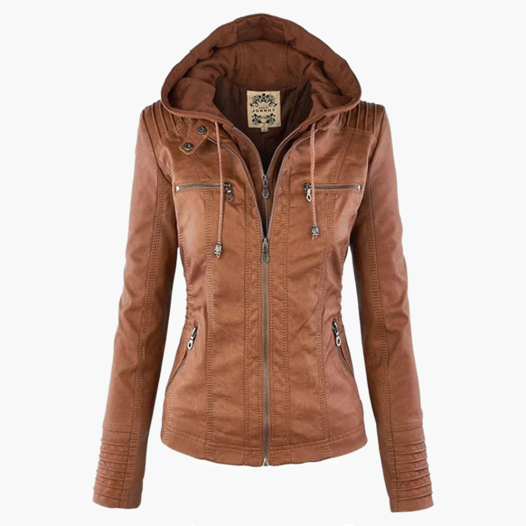 Women's Autumn Jacket Elegant Vegan Leather with Hood and Zipper – Fashionable Casual Jacket for Everyday and Outdoor