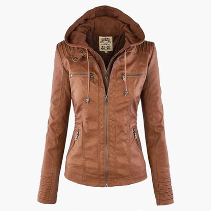 Women's Autumn Jacket Elegant Vegan Leather with Hood and Zipper – Fashionable Casual Jacket for Everyday and Outdoor