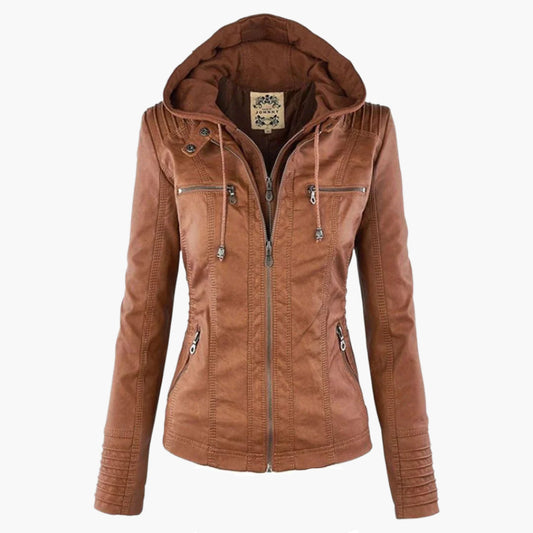 Damen Herbstjacke Elegant Veganleder mit Kapuze und Reißverschluss – Modische Freizeitjacke für Alltag und Outdoor