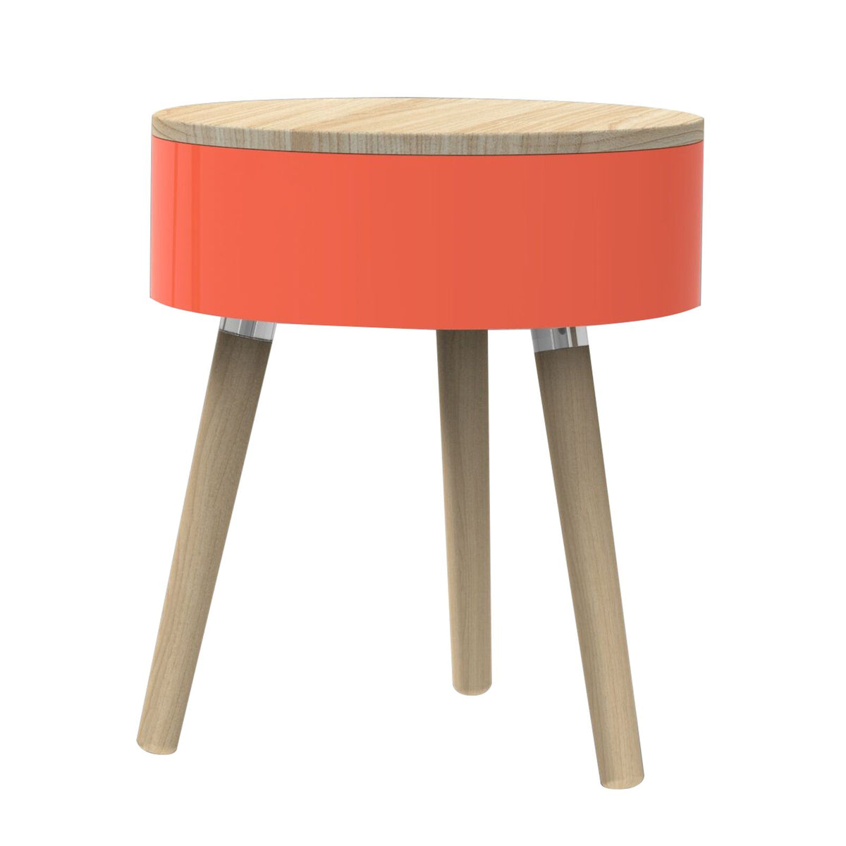 Ronde oranje bijzettafel met houten blad en drie schuine houten poten