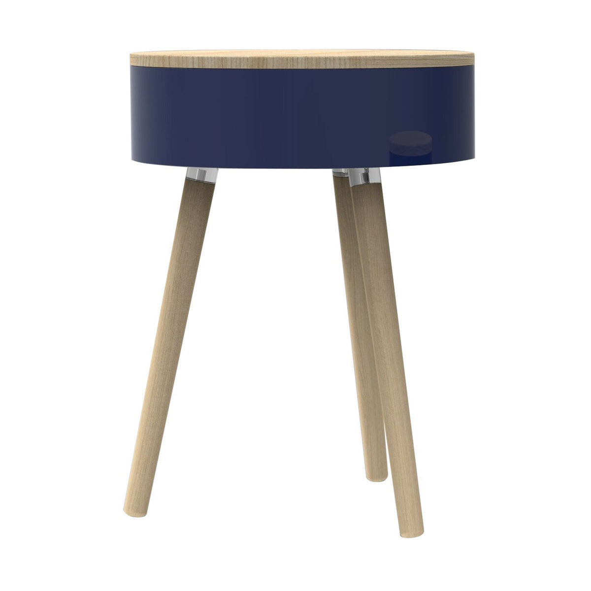 Ronde bijzettafel met glanzend blauw onderstel, houten blad en schuin geplaatste houten poten