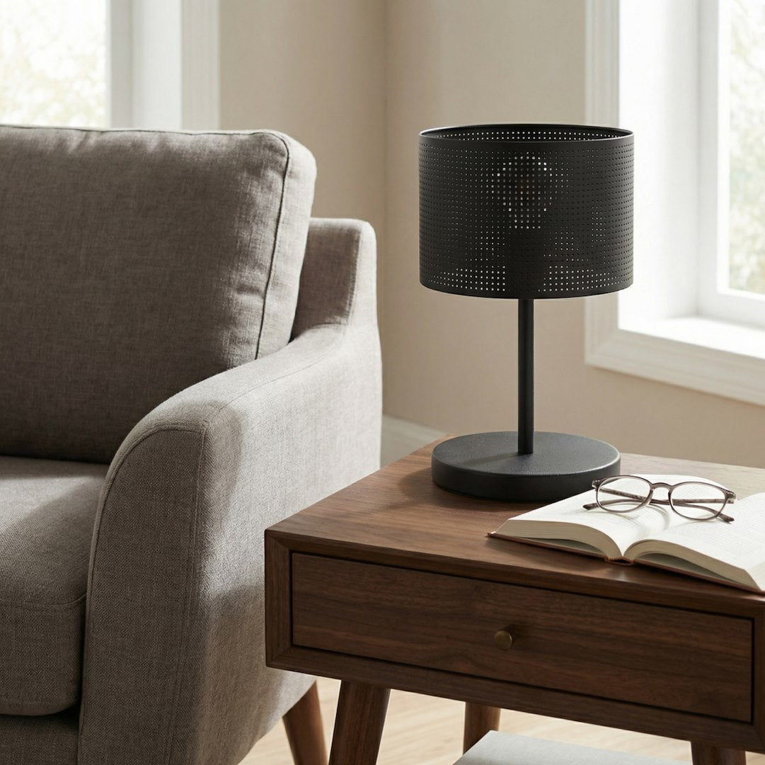 Tafellamp gepoedercoat staal met stoffen kap, modern, zwart, Ø 20 cm, E27 fitting voor bureau of nachtkastje
